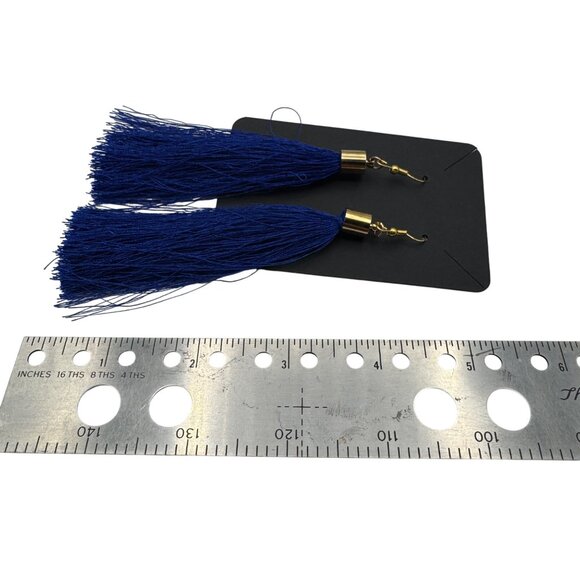 Long Blue Tassel Earrings With Gold Accents & Fishhook Closure For Women - Picture 3 of 3